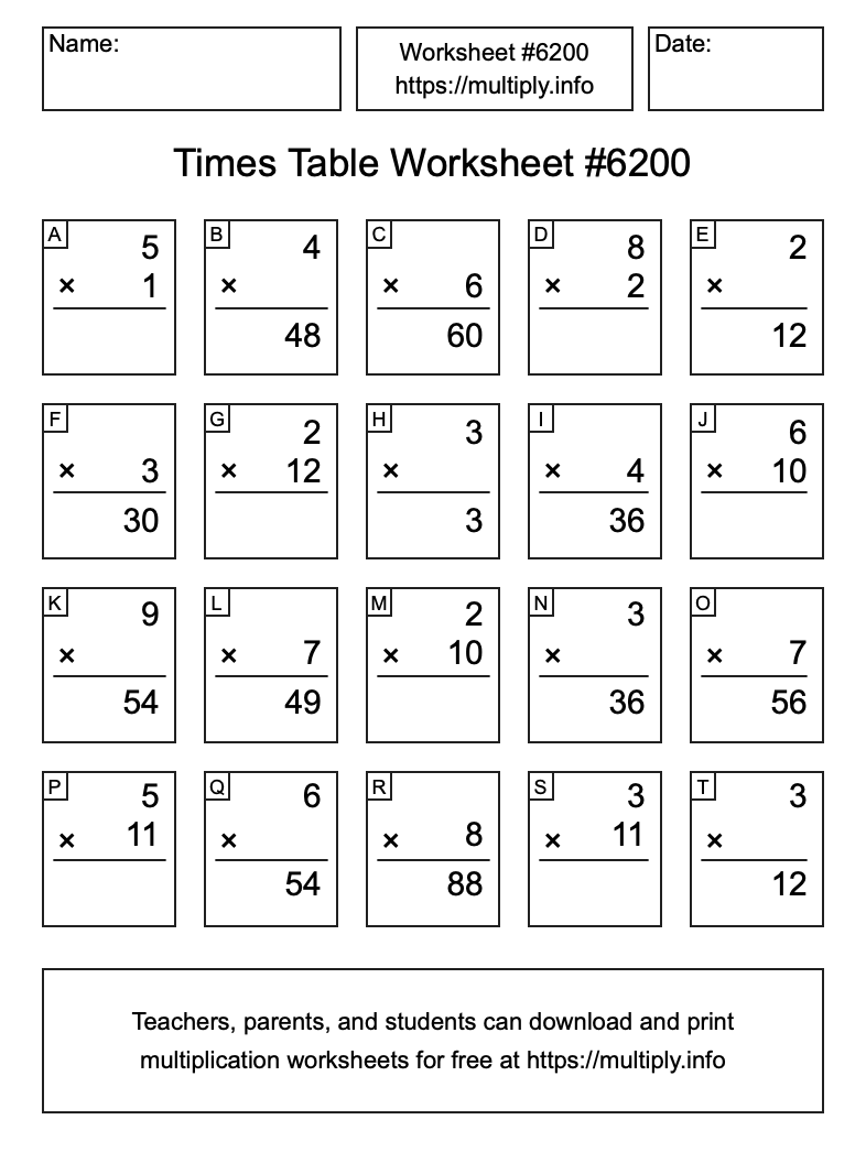 Times Table Worksheet #6200