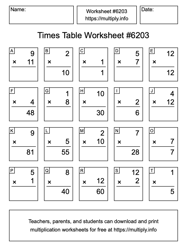 Times Table Worksheet #6203