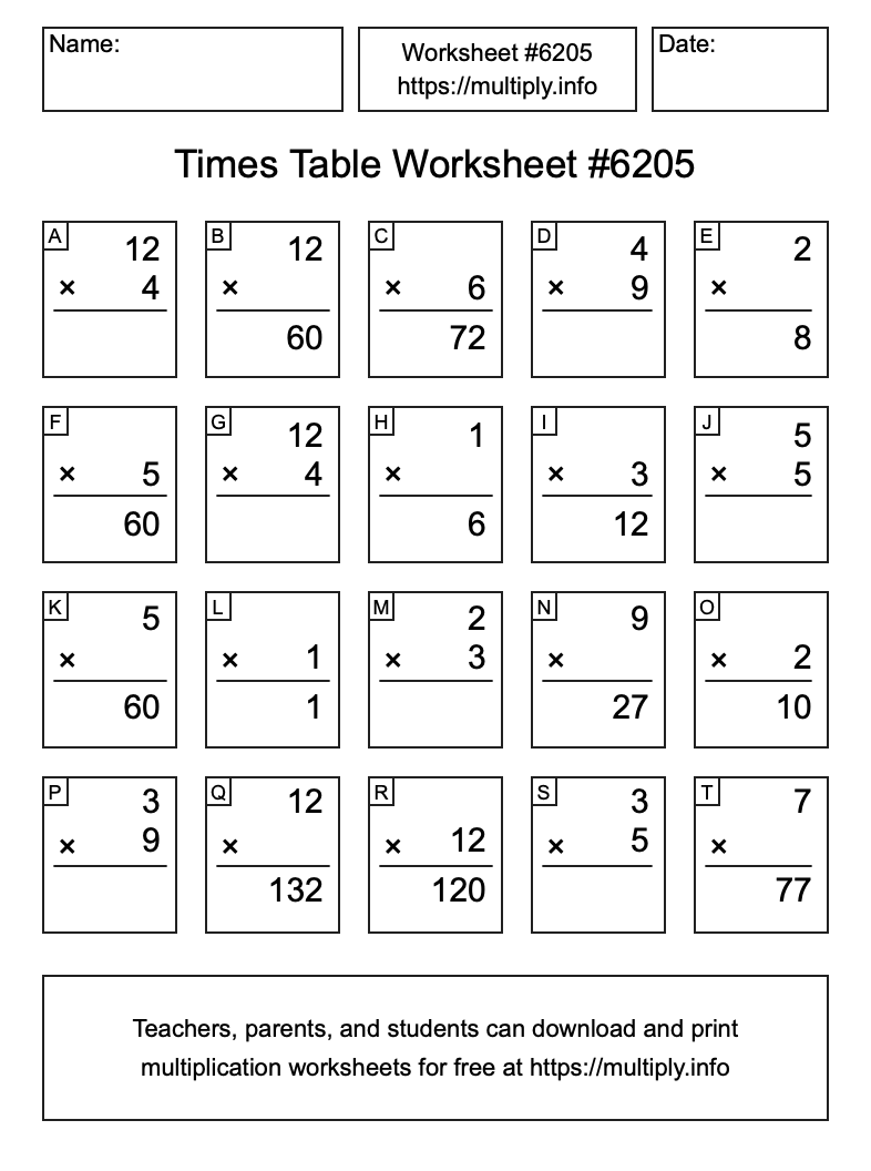 Times Table Worksheet #6205
