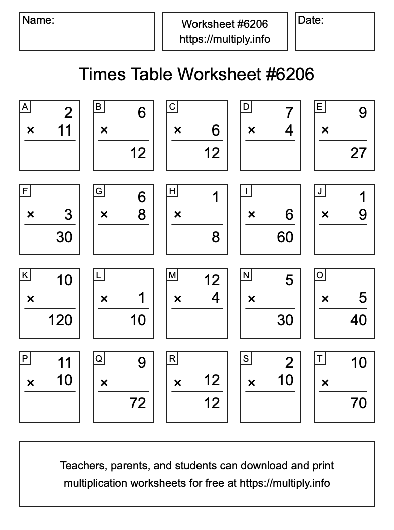 Times Table Worksheet #6206
