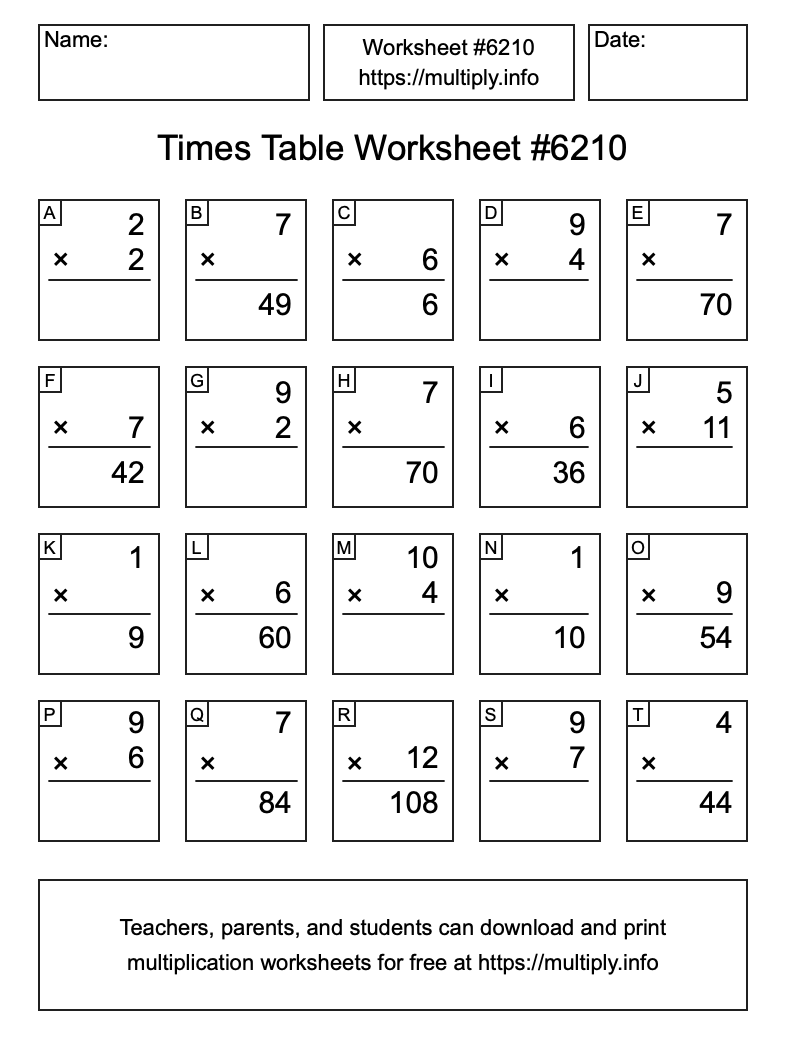 Times Table Worksheet #6210