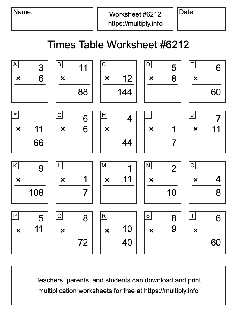 Times Table Worksheet #6212