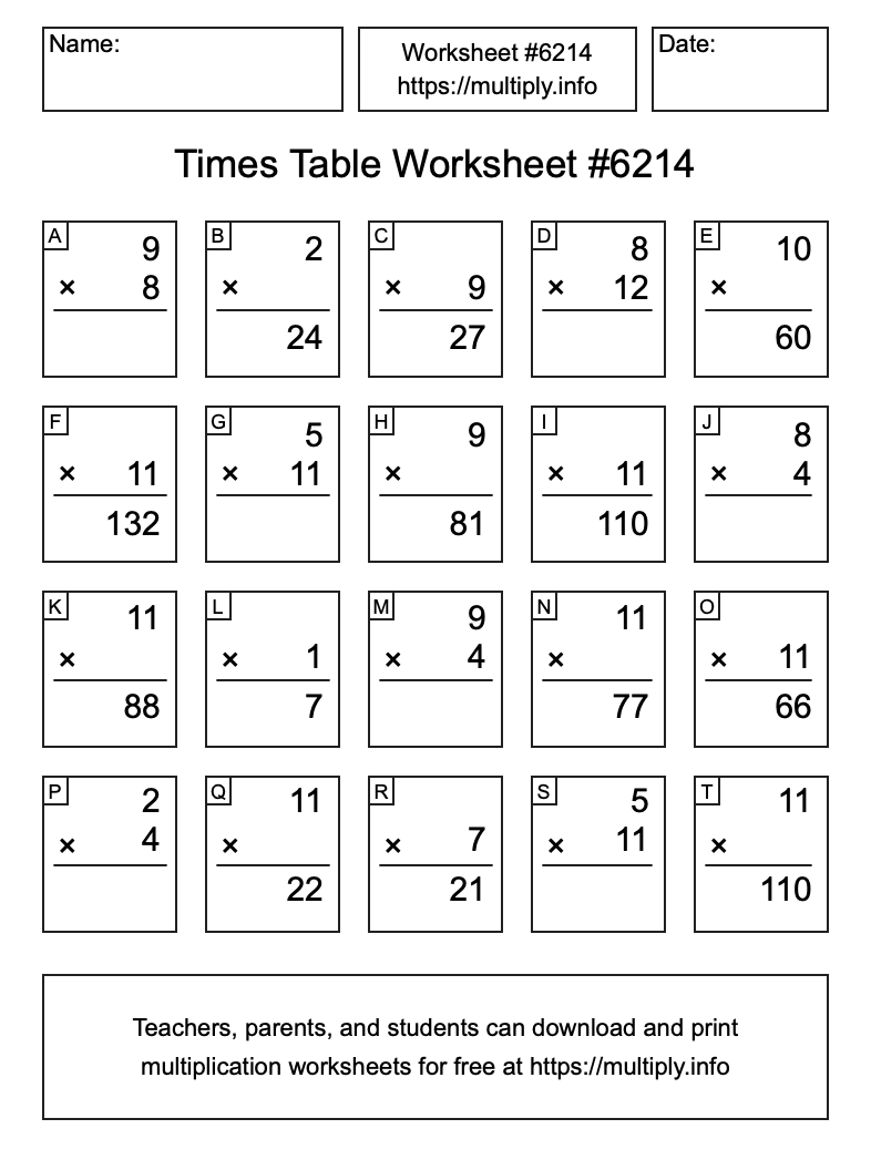 Times Table Worksheet #6214