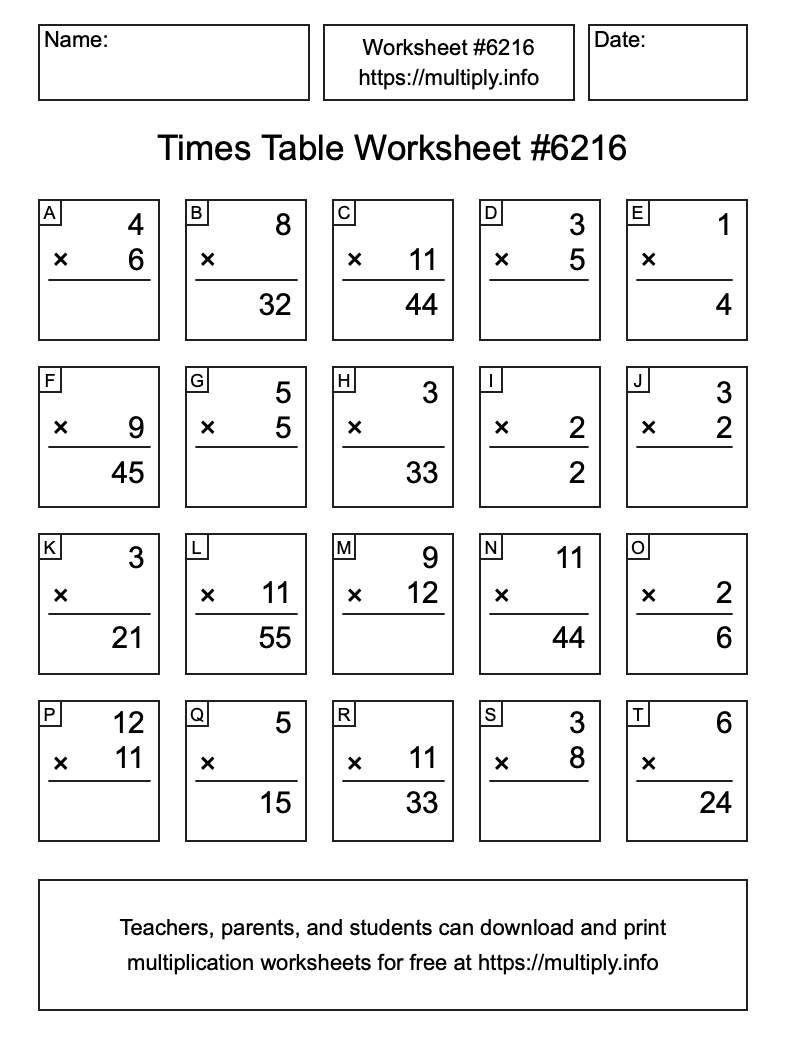 Times Table Worksheet #6216