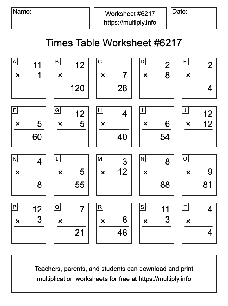 Times Table Worksheet #6217