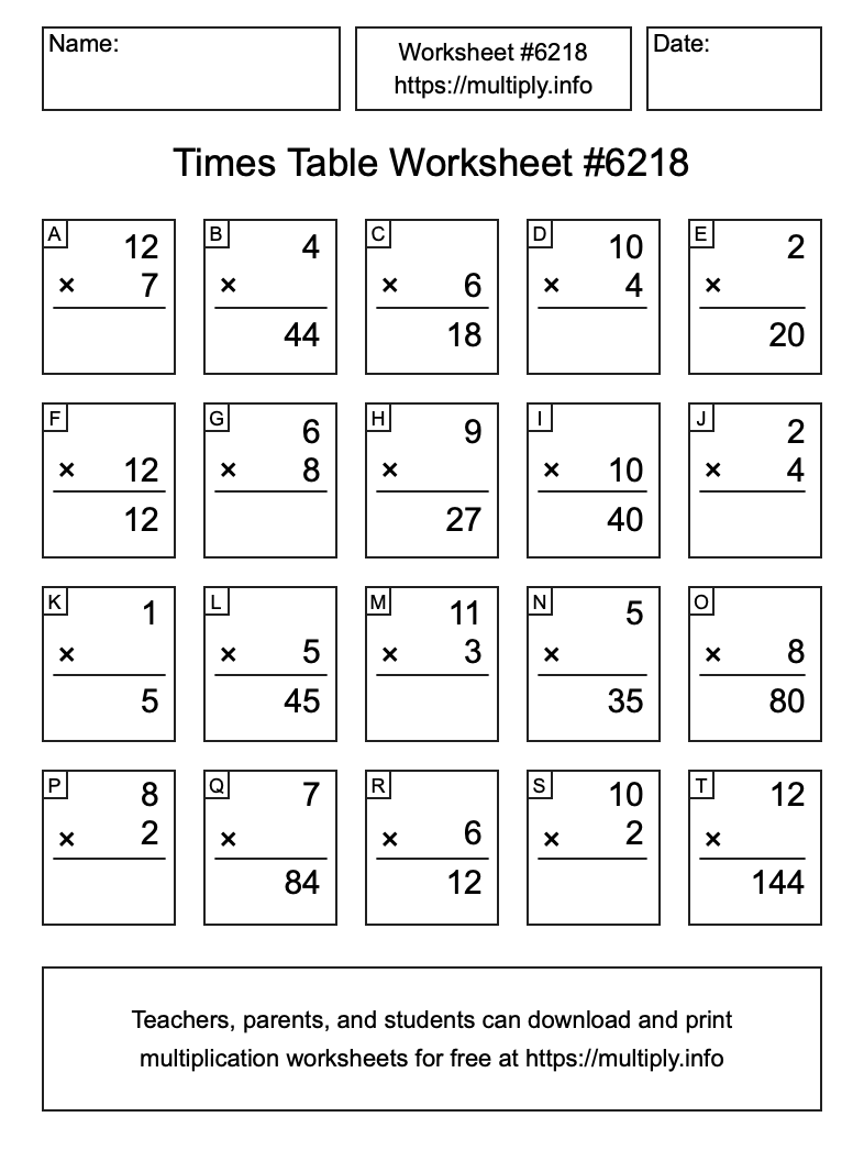 Times Table Worksheet #6218