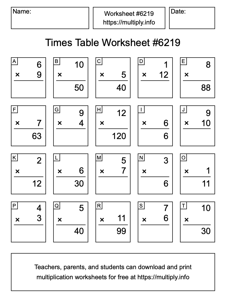 Times Table Worksheet #6219