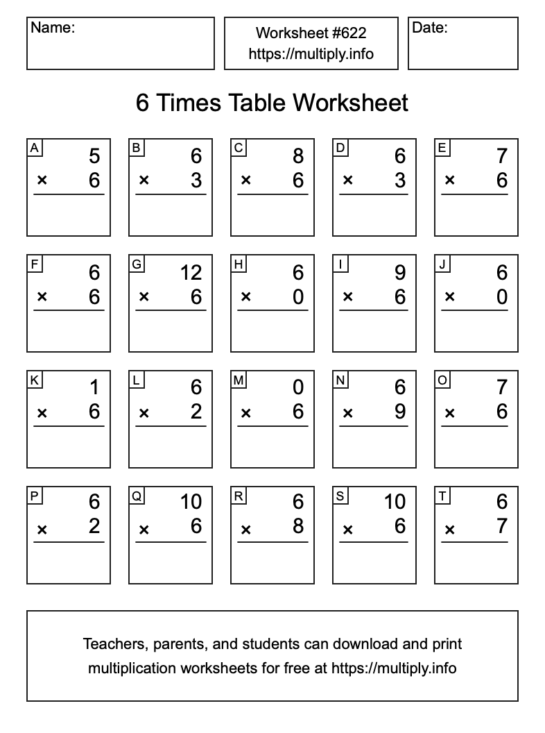 6 Times Table Worksheet #622