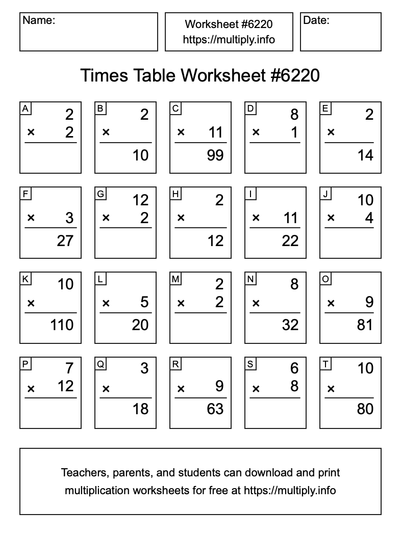 Times Table Worksheet #6220