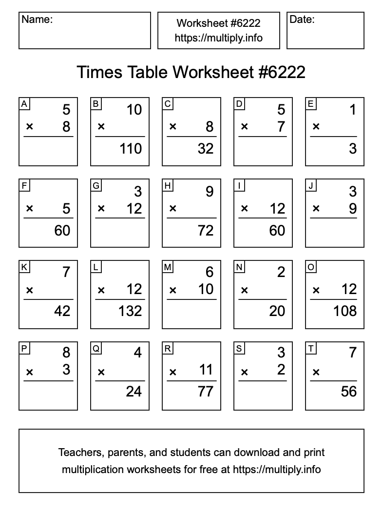 Times Table Worksheet #6222