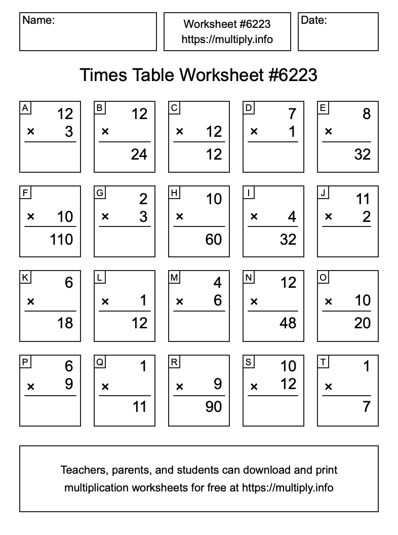 Times Table Worksheet #6223