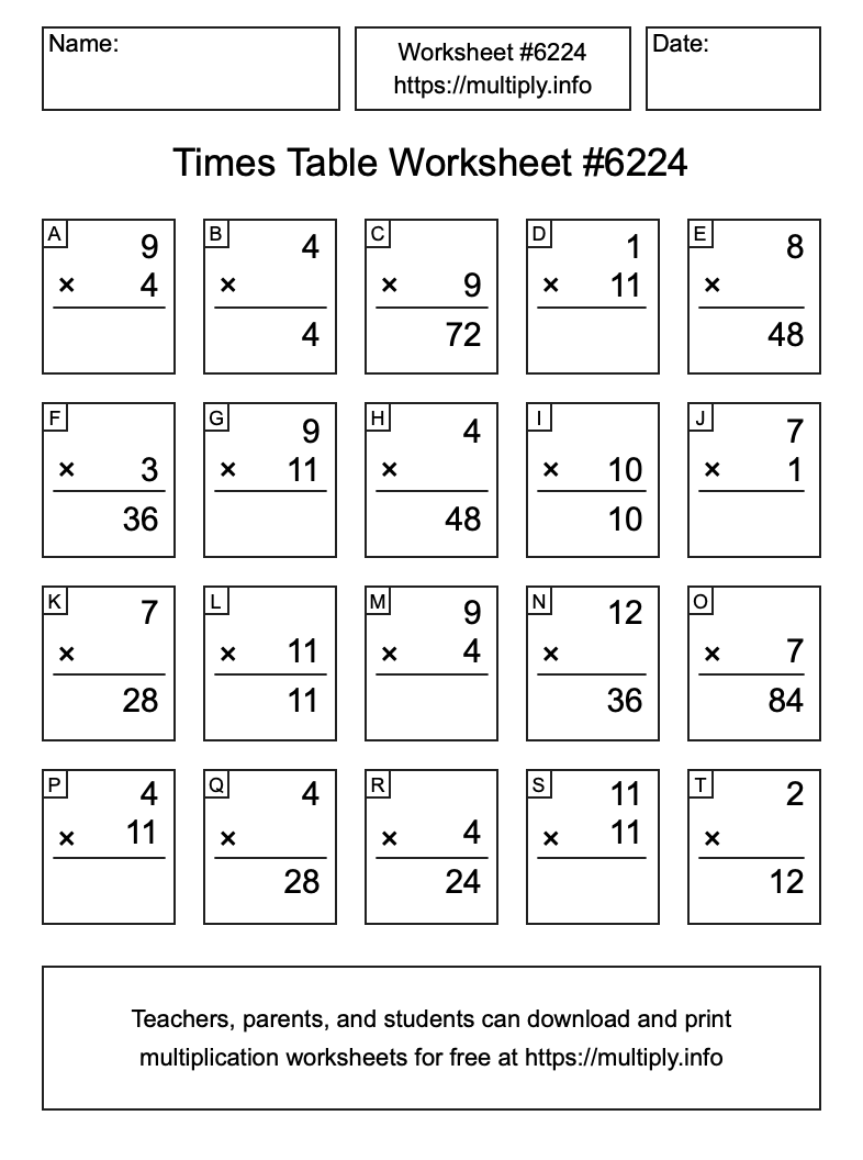 Times Table Worksheet #6224