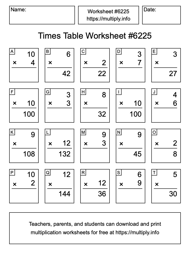 Times Table Worksheet #6225