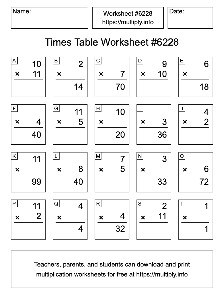 Times Table Worksheet #6228