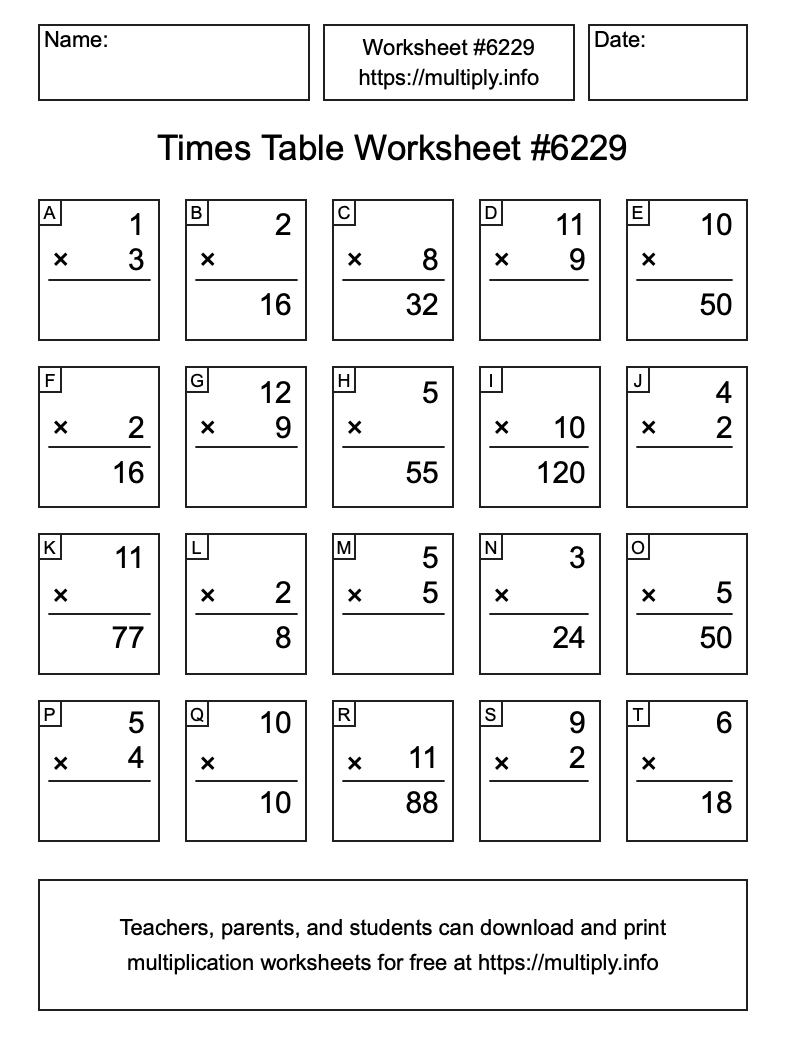 Times Table Worksheet #6229
