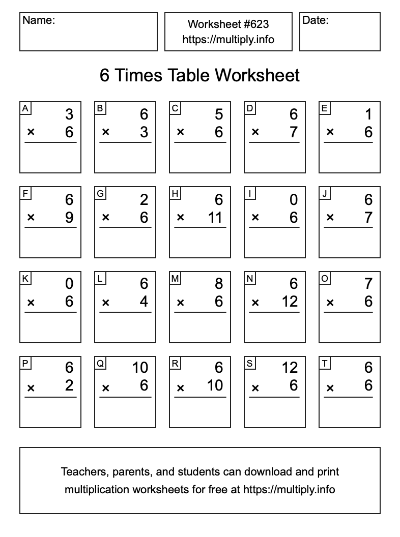 6 Times Table Worksheet #623
