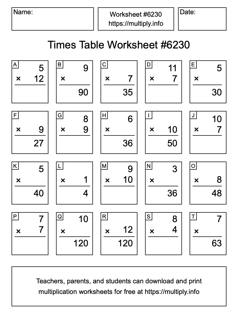Times Table Worksheet #6230