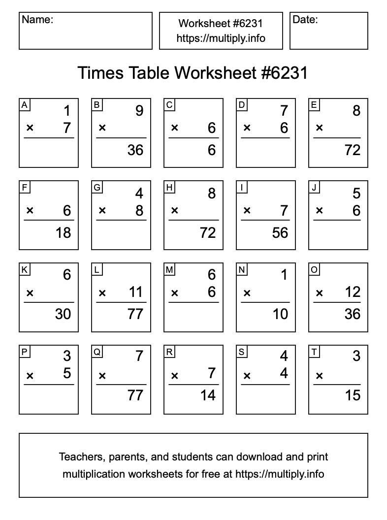 Times Table Worksheet #6231
