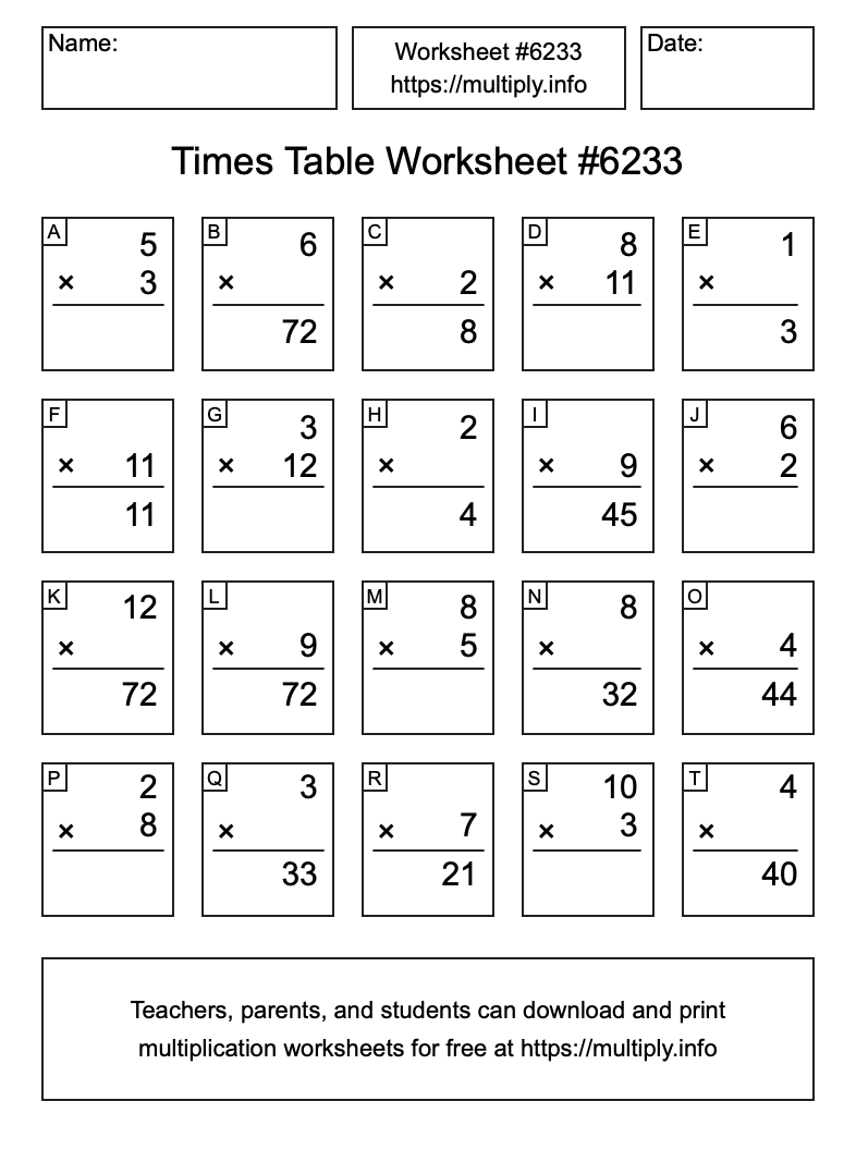 Times Table Worksheet #6233