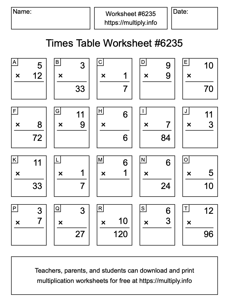 Times Table Worksheet #6235