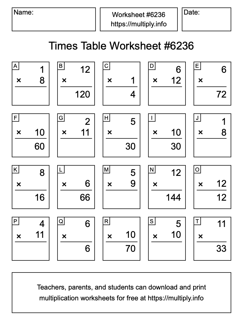 Times Table Worksheet #6236