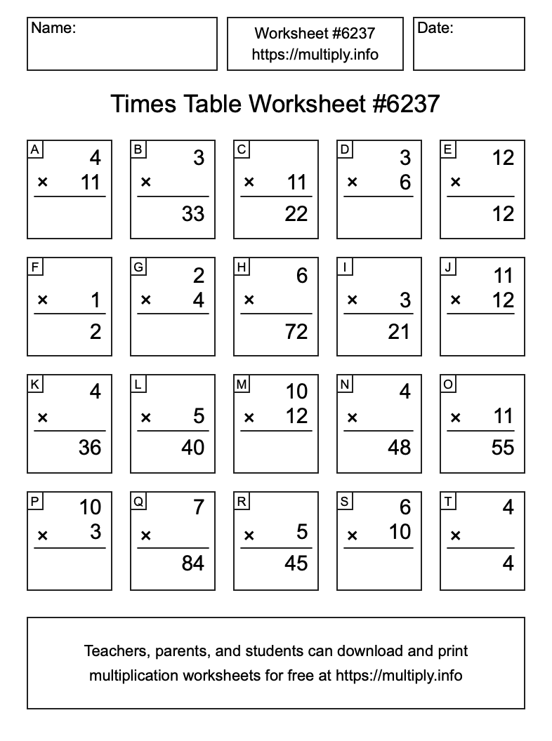 Times Table Worksheet #6237
