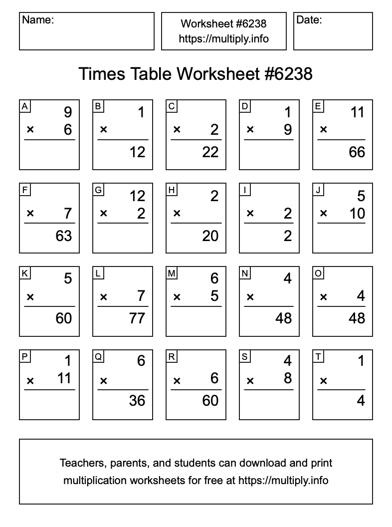 Times Table Worksheet #6238