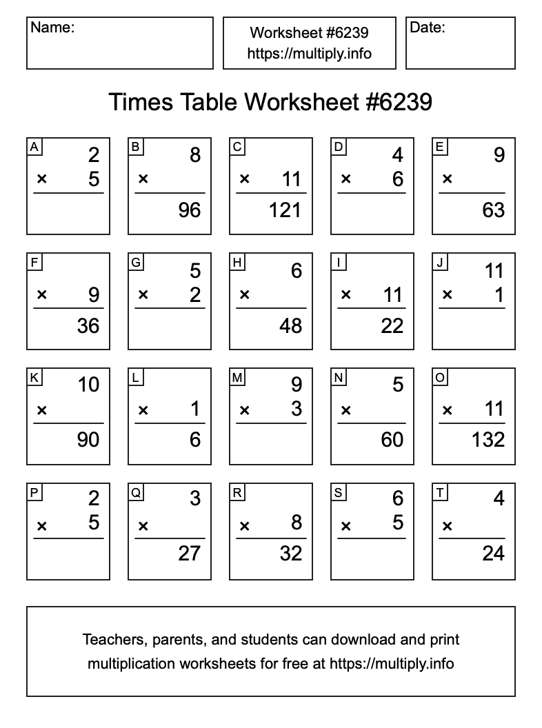 Times Table Worksheet #6239