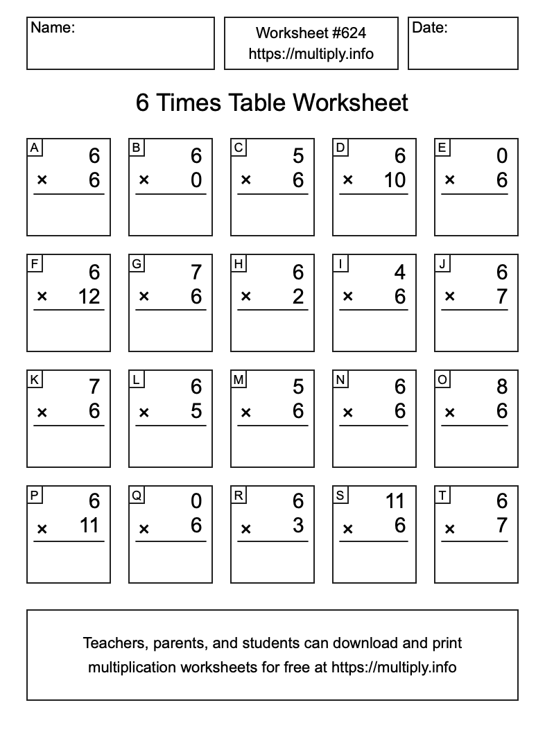 6 Times Table Worksheet #624