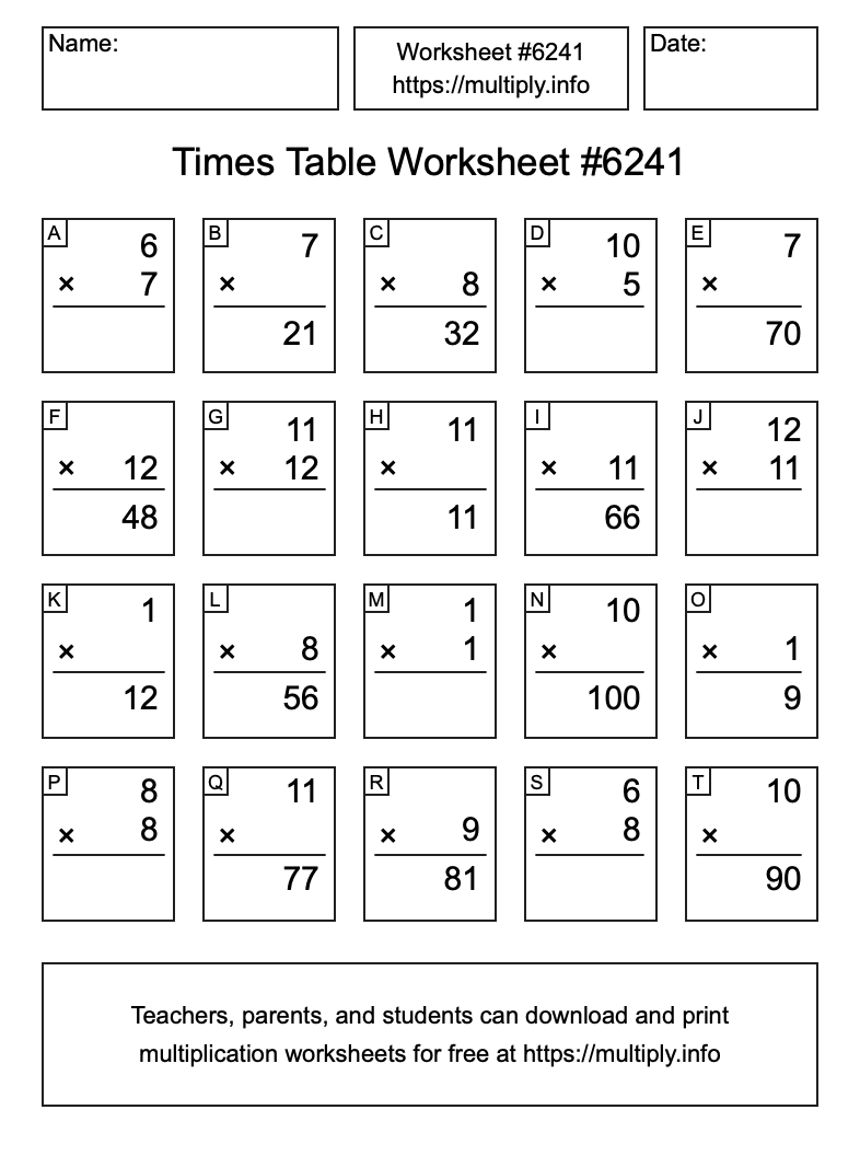 Times Table Worksheet #6241