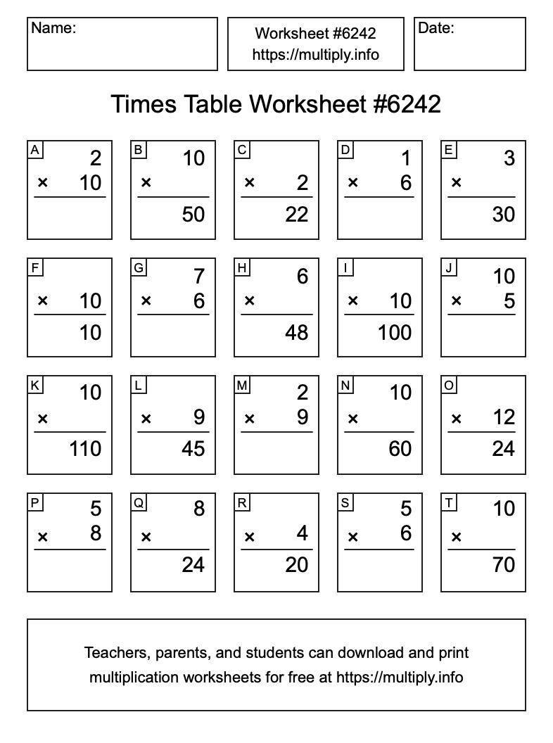 Times Table Worksheet #6242