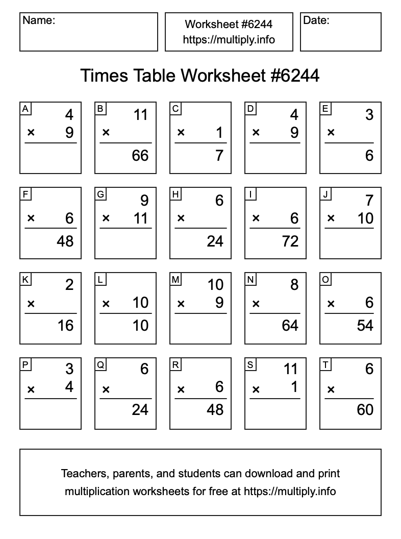 Times Table Worksheet #6244