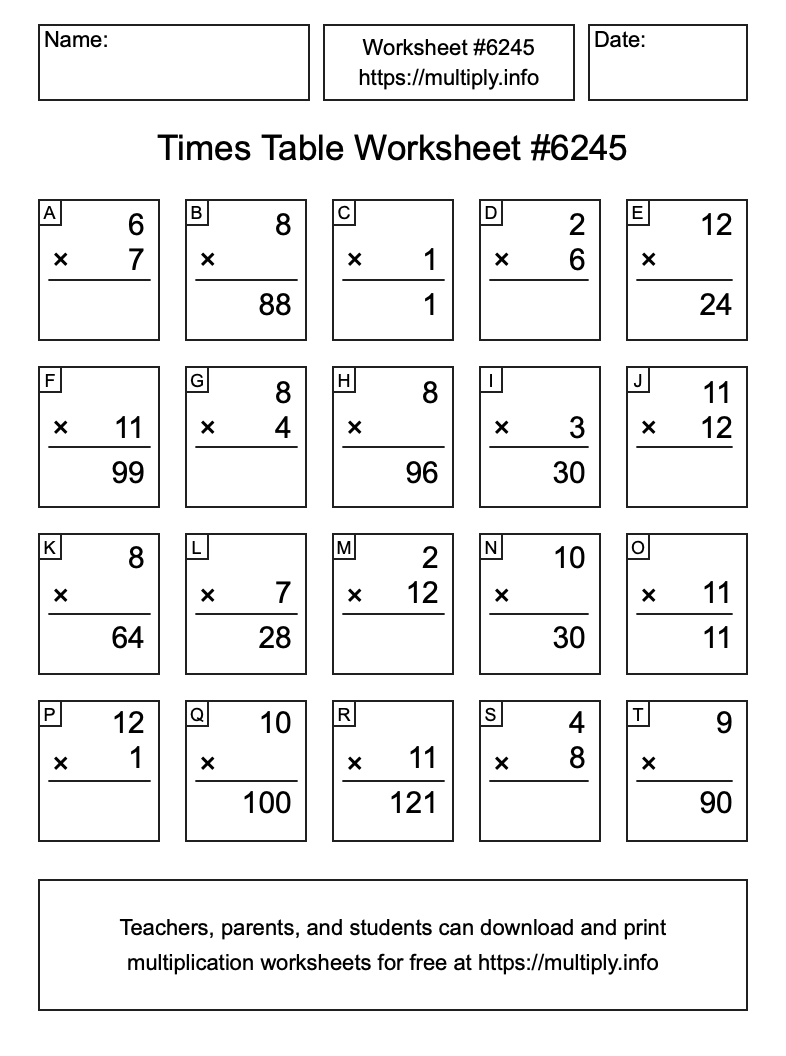 Times Table Worksheet #6245