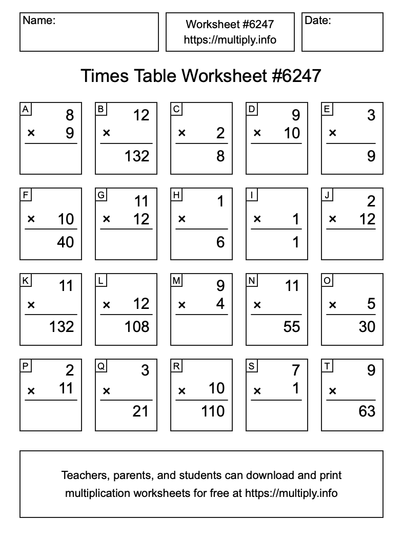 Times Table Worksheet #6247