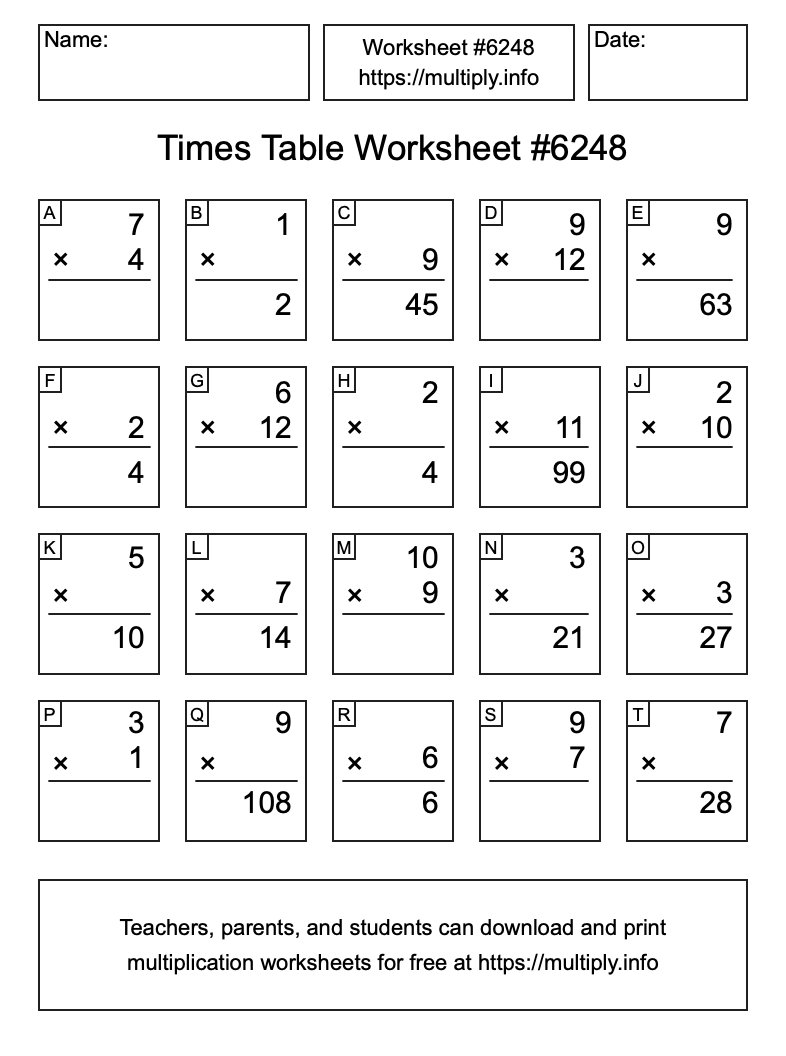 Times Table Worksheet #6248
