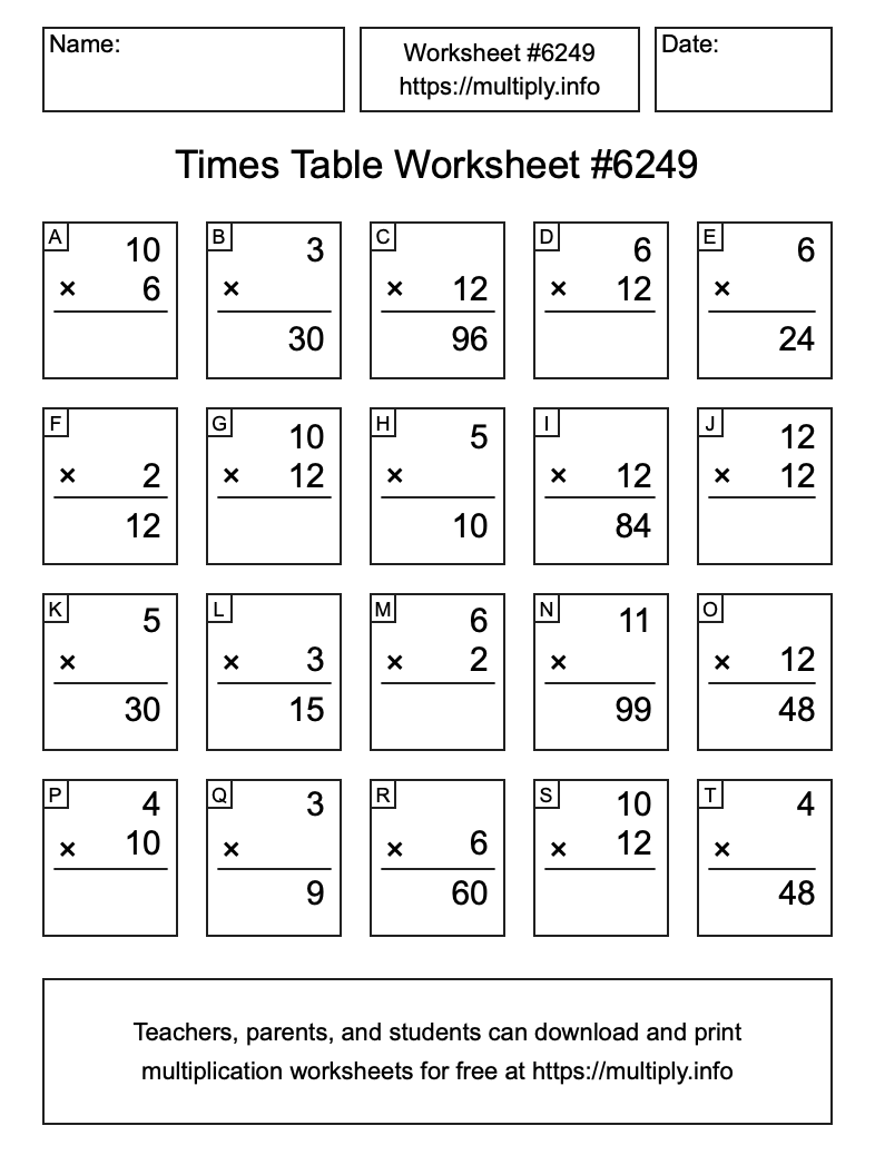 Times Table Worksheet #6249