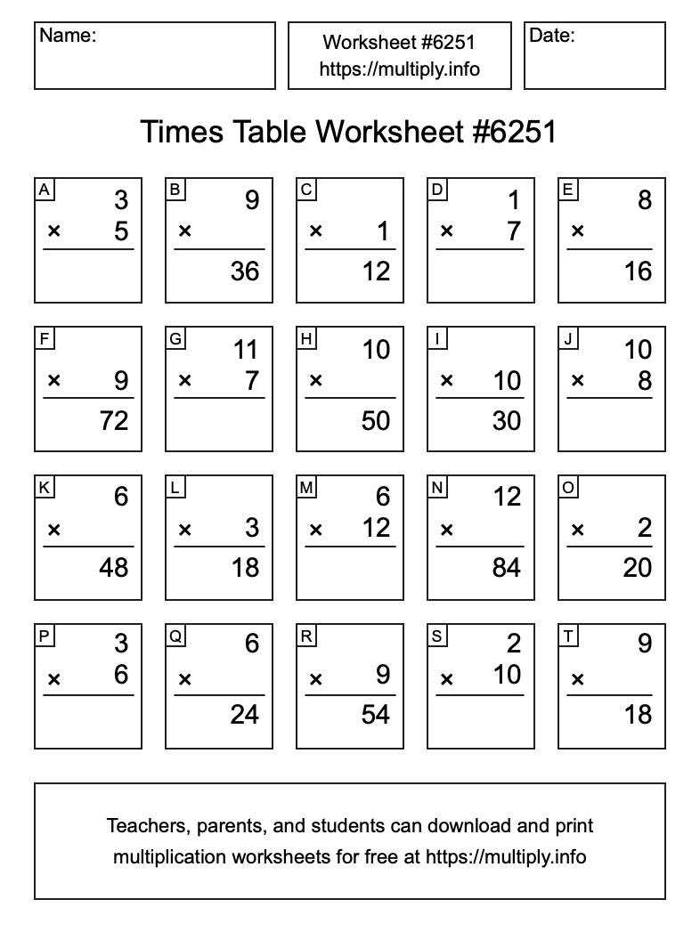 Times Table Worksheet #6251