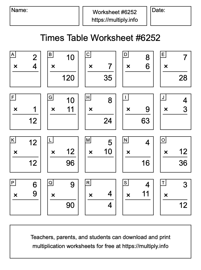 Times Table Worksheet #6252