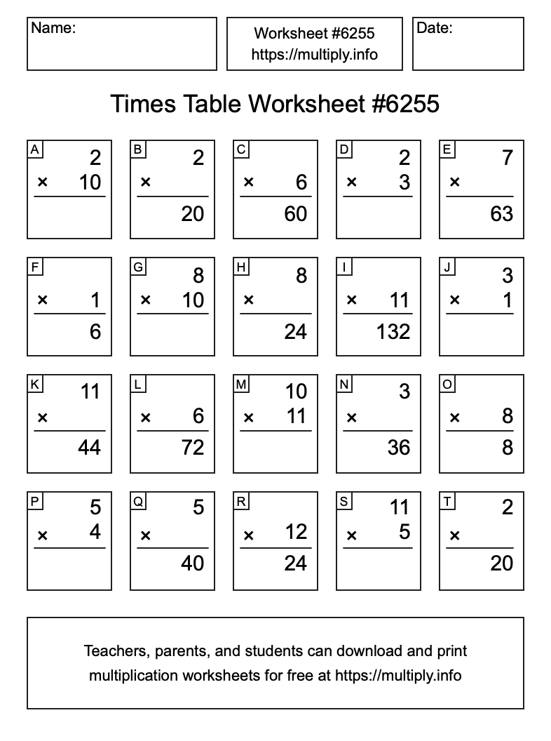 Times Table Worksheet #6255