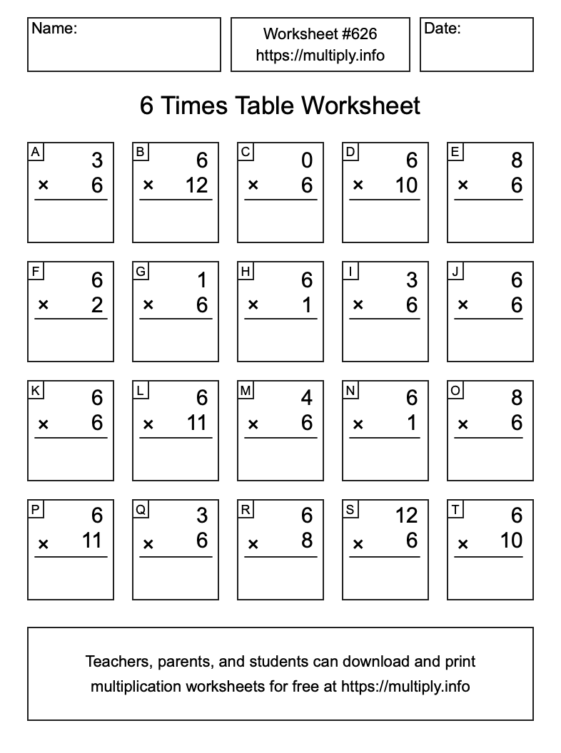 6 Times Table Worksheet #626