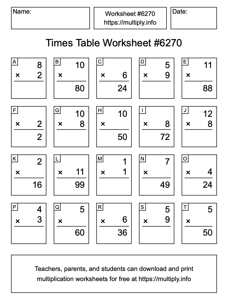 Times Table Worksheet #6270