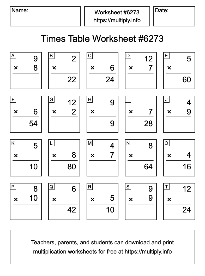 Times Table Worksheet #6273