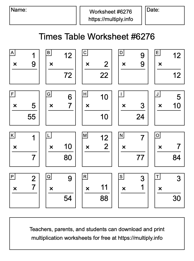 Times Table Worksheet #6276