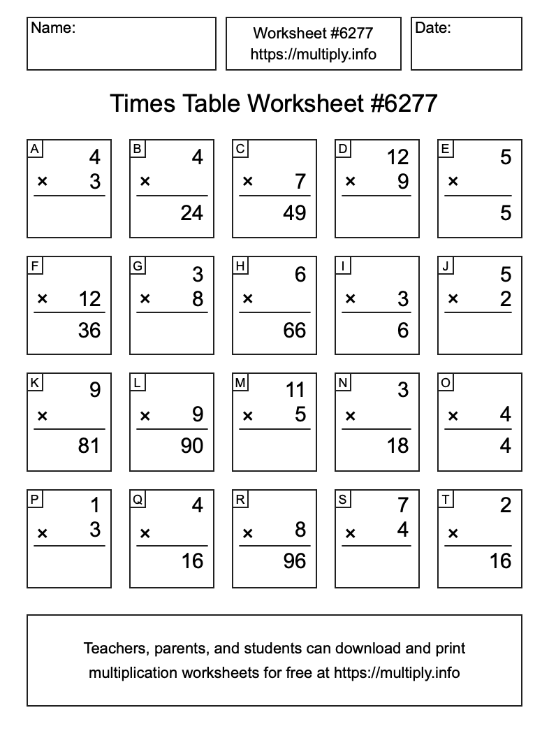 Times Table Worksheet #6277