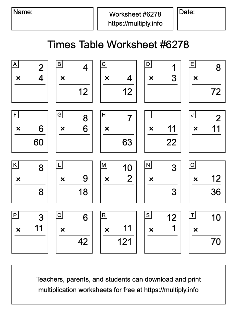 Times Table Worksheet #6278