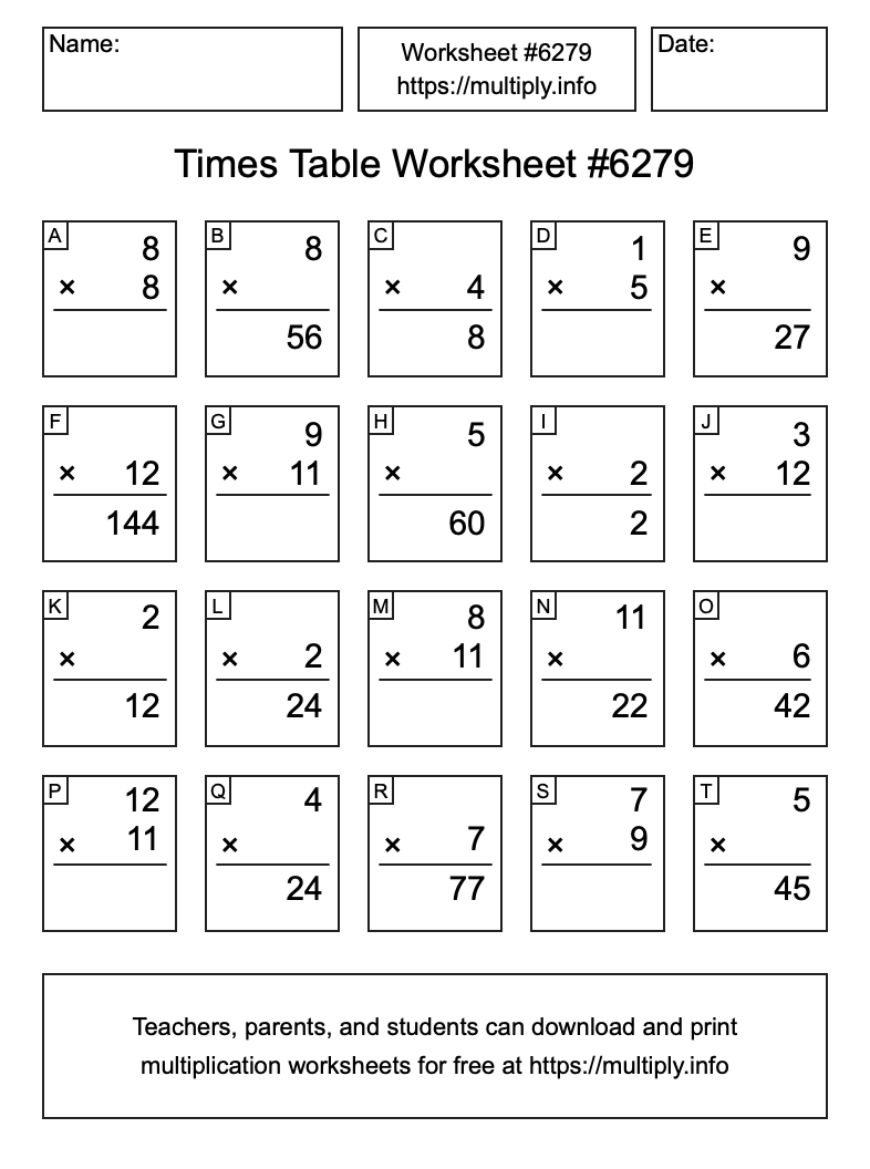 Times Table Worksheet #6279
