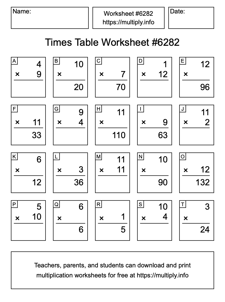 Times Table Worksheet #6282