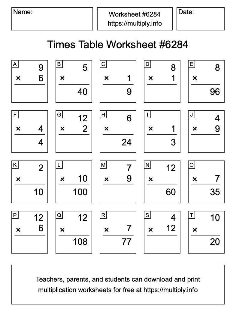 Times Table Worksheet #6284