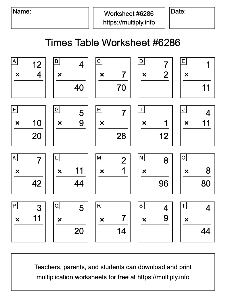 Times Table Worksheet #6286