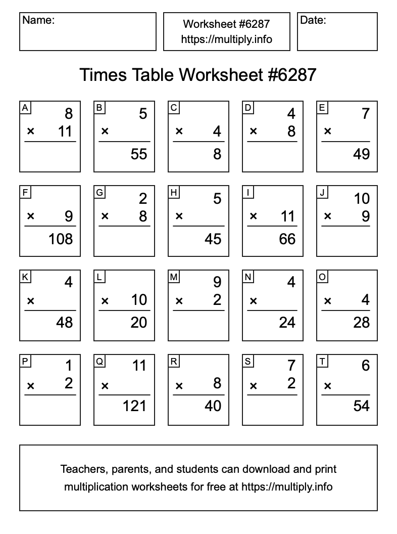 Times Table Worksheet #6287